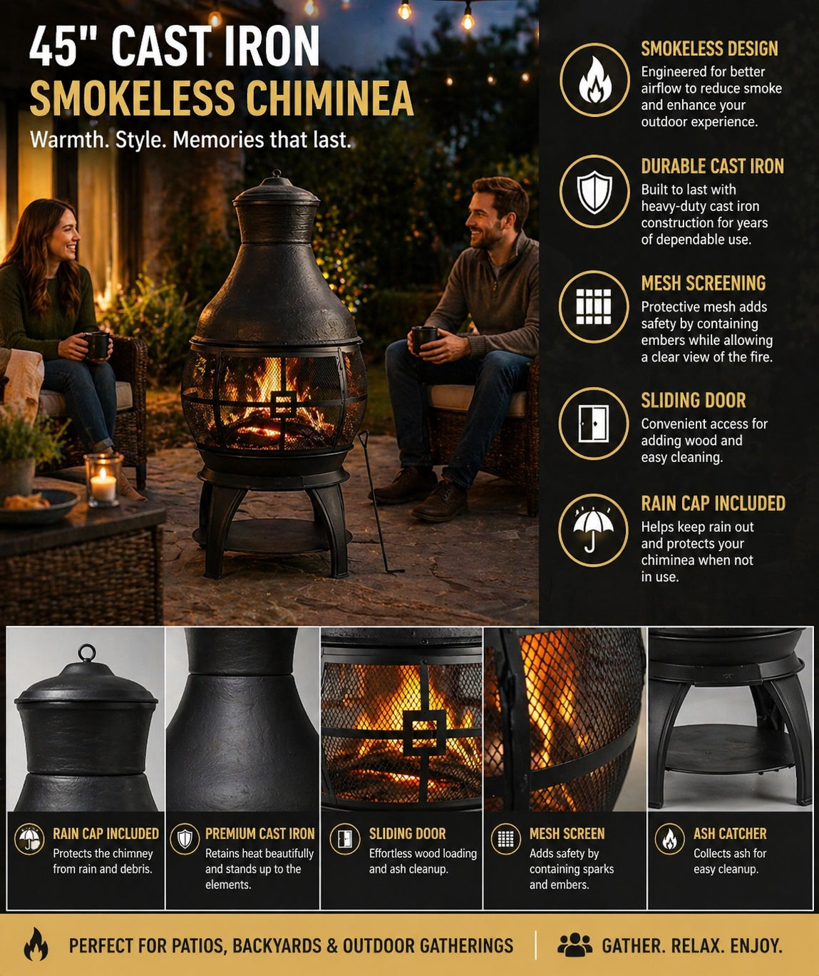 Shinerich - 45" Cast Iron Outdoor Chiminea