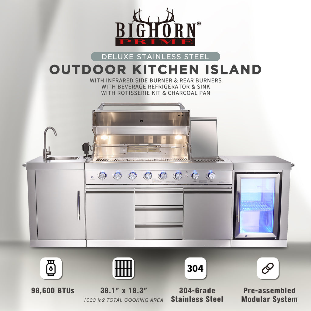 Shinerich (Big Horn) 6+2 Burner Deluxe Stainless Steel Island Barbecue Grill