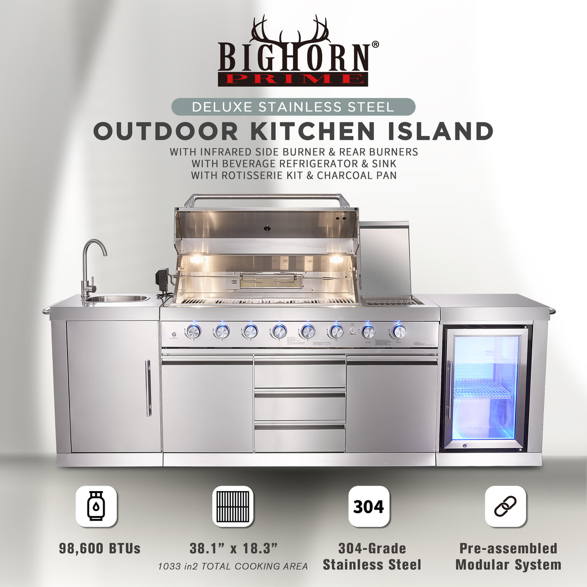 Bighorn - 6+2 Burner Deluxe Stainless Steel Island Barbecue Grill