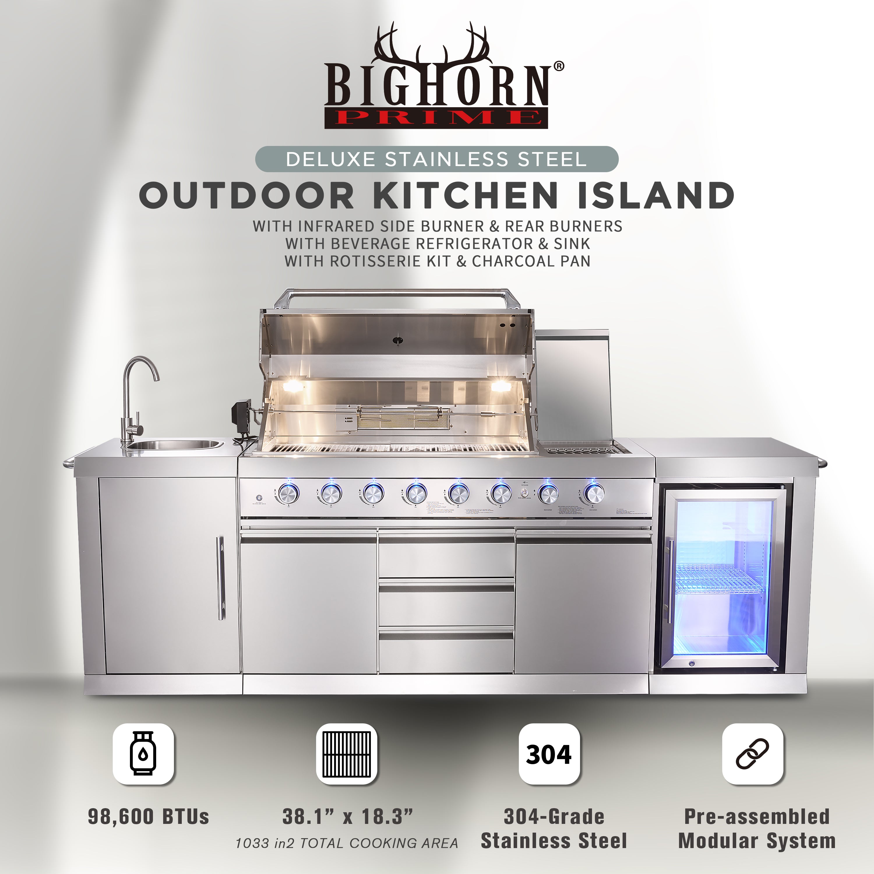 Shinerich (Big Horn) 6+2 Burner Deluxe Stainless Steel Island Barbecue Grill